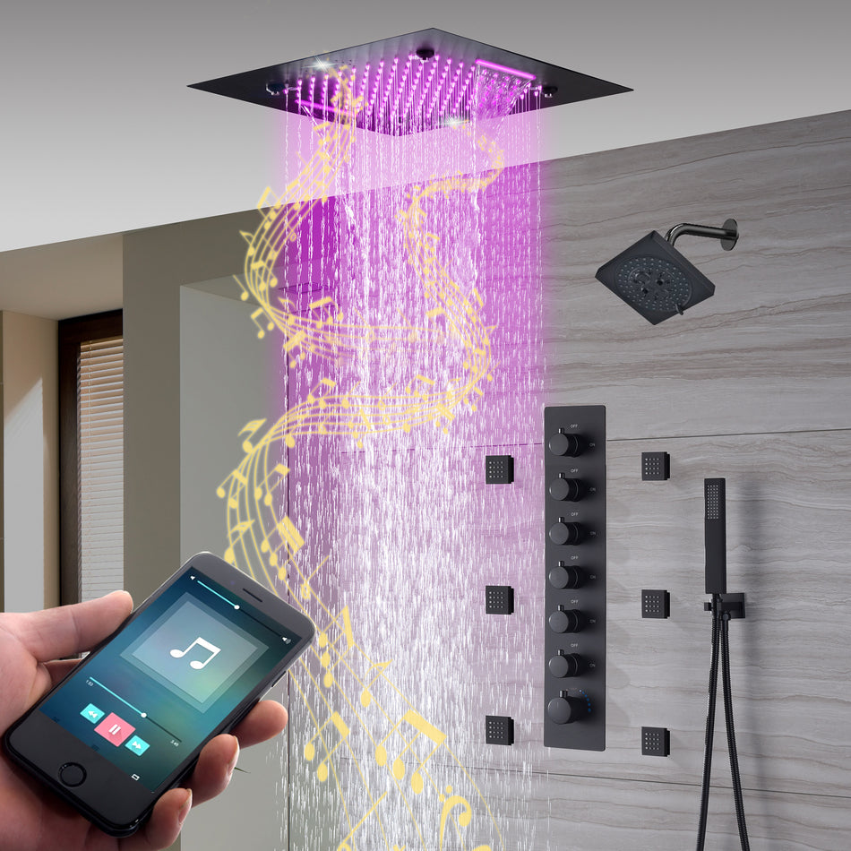 20-Inch Matte Black Rainfall, Waterfall, and Mist Shower System with LED Colors, Bluetooth Music, 6-Way Thermostatic Valve, Body Jets, and Regular Head