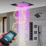 20-Inch Matte Black Rainfall, Waterfall, and Mist Shower System with LED Colors, Bluetooth Music, 6-Way Thermostatic Valve, Body Jets, and Regular Head
