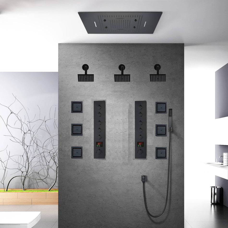 Flush in 31" Bluetooth music 64 LED colors light Matte Black 6 Functions thermostatic shower faucet with 3 regular heads and 6 body jets