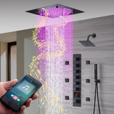 20-Inch Matte Black Rainfall, Waterfall, and Mist Shower System with LED Colors, Bluetooth Music, 6-Way Thermostatic Valve, Body Jets, and Regular Head