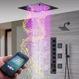 20-Inch Matte Black Rainfall, Waterfall, and Mist Shower System with LED Colors, Bluetooth Music, 6-Way Thermostatic Valve, Body Jets, and Regular Head