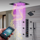 20-Inch Matte Black Rainfall, Waterfall, and Mist Shower System with LED Colors, Bluetooth Music, 6-Way Thermostatic Valve, Body Jets, and Regular Head