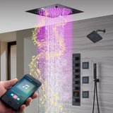 20-Inch Matte Black Rainfall, Waterfall, and Mist Shower System with LED Colors, Bluetooth Music, 6-Way Thermostatic Valve, Body Jets, and Regular Head