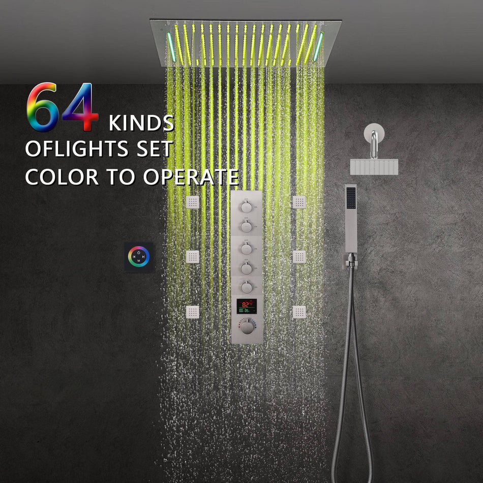 Flush-Mounted Brushed Nickel 5-Way Digital Thermostatic Shower System: with Six Body Jets, Regular Head, and 20-Inch Rainfall Waterfall LED-Lit Bluetooth Music Shower Head