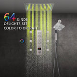 Flush-Mounted Brushed Nickel 5-Way Digital Thermostatic Shower System: with Six Body Jets, Regular Head, and 20-Inch Rainfall Waterfall LED-Lit Bluetooth Music Shower Head