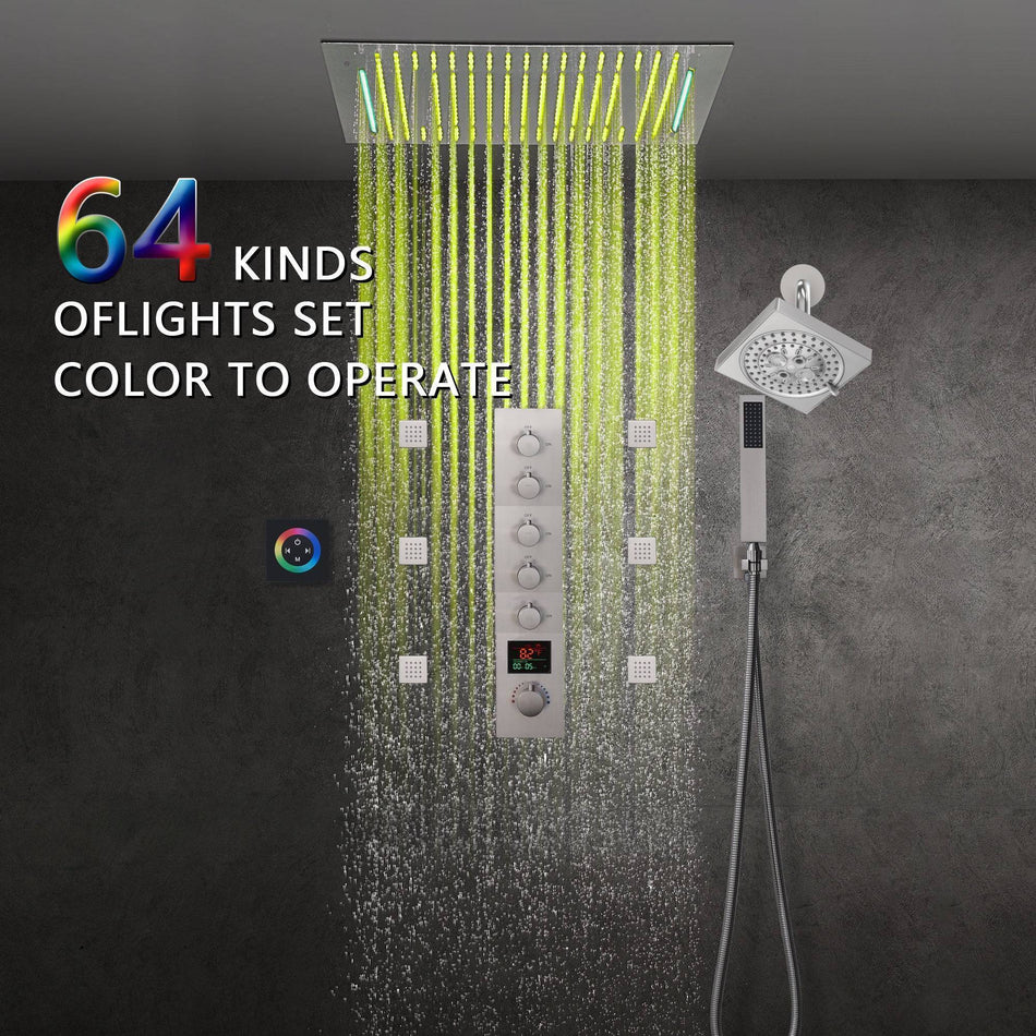 Flush-Mounted Brushed Nickel 5-Way Digital Thermostatic Shower System: with Six Body Jets, Regular Head, and 20-Inch Rainfall Waterfall LED-Lit Bluetooth Music Shower Head