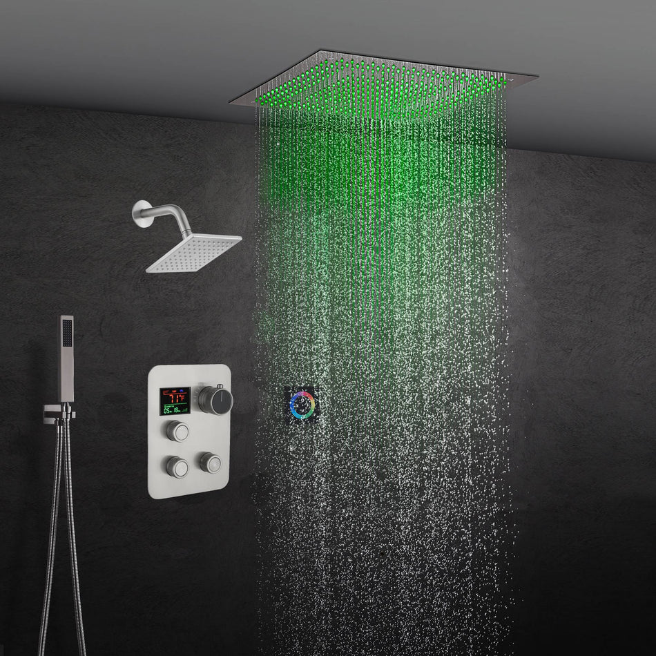 6" Wall Mount High Pressure Shower Head with 20" Flush Mount LED Rainfall Head: 3-Way Digital Thermostatic System