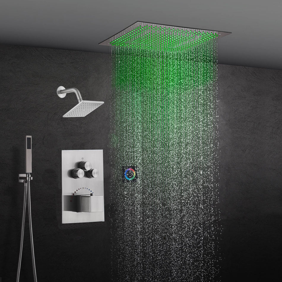 6" Wall Mount High Pressure Shower Head with 20" LED Rainfall Head in 3-Way Thermostatic System