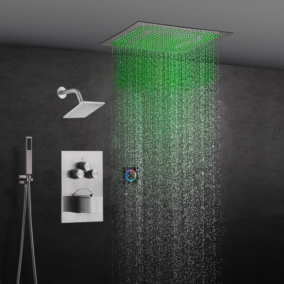 6" Wall Mount High Pressure Shower Head with 20" LED Rainfall Head in 3-Way Thermostatic System