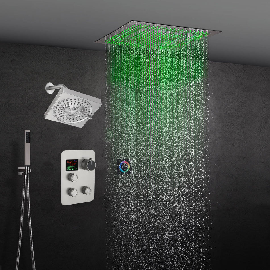 6" Wall Mount High Pressure Shower Head with 20" Flush Mount LED Rainfall Head: 3-Way Digital Thermostatic System