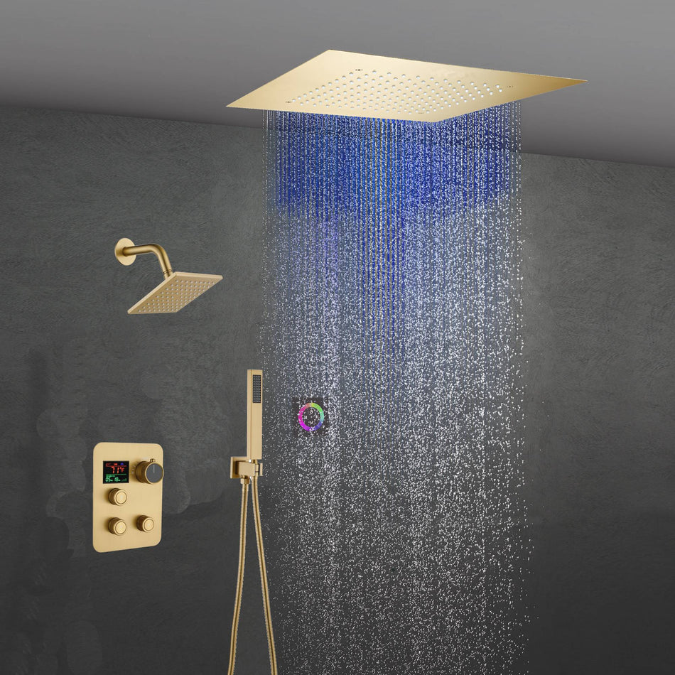 6" Wall Mount High Pressure Shower Head with 20" Flush Mount LED Rainfall Head: 3-Way Digital Thermostatic System