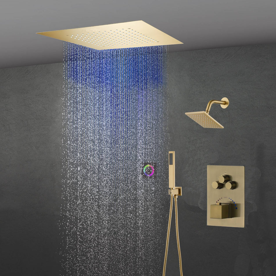 6" Wall Mount High Pressure Shower Head with 20" LED Rainfall Head in 3-Way Thermostatic System