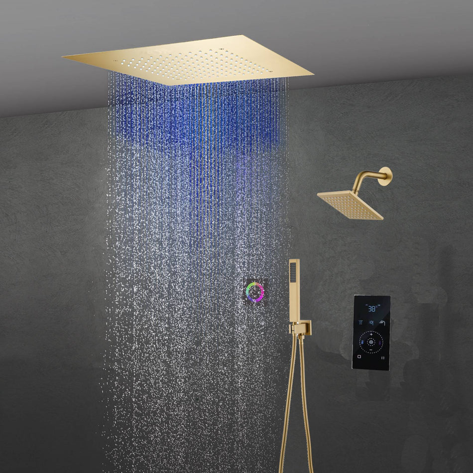 6" Wall Mount High Pressure Shower Head with 20" Flush Mount LED Rainfall Head: 3-Way Touch Digital Thermostatic System