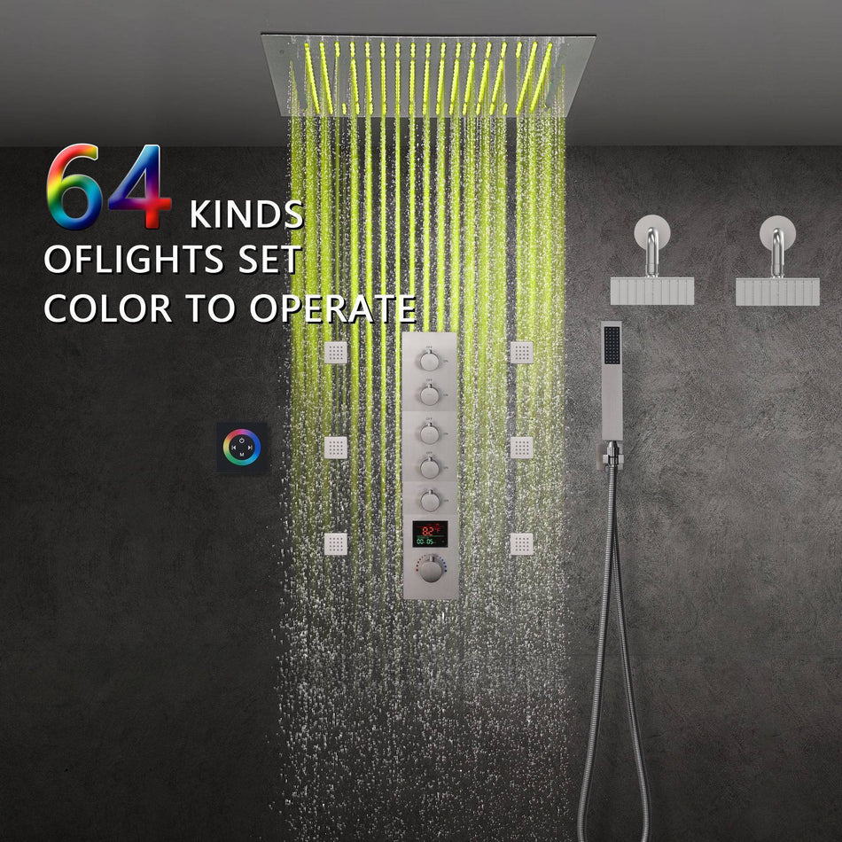 Brushed Nickel 5-Way Digital Display Thermostatic Shower Faucet: Flush-Mounted 20-Inch Rainfall Shower Head with 64-Color LED Lights, Regular Head, and Six Body Jets