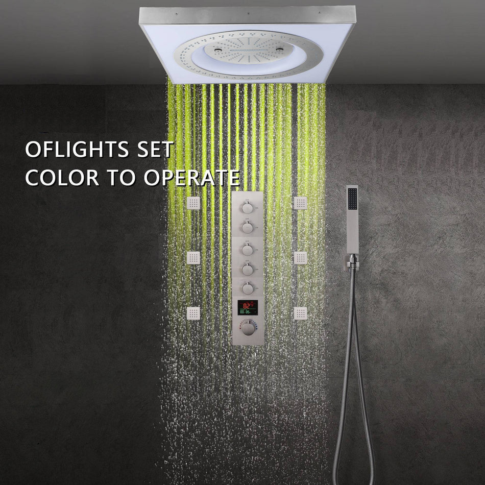 24" Flush Mount Rainfall Waterfall Shower System with LED, 5-Way Thermostatic Faucet, 6 Body Jets