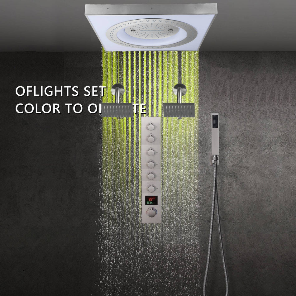 24" Flush Mount Rainfall Waterfall 6-Way Digital  Shower System with LED, Dual Regular Heads
