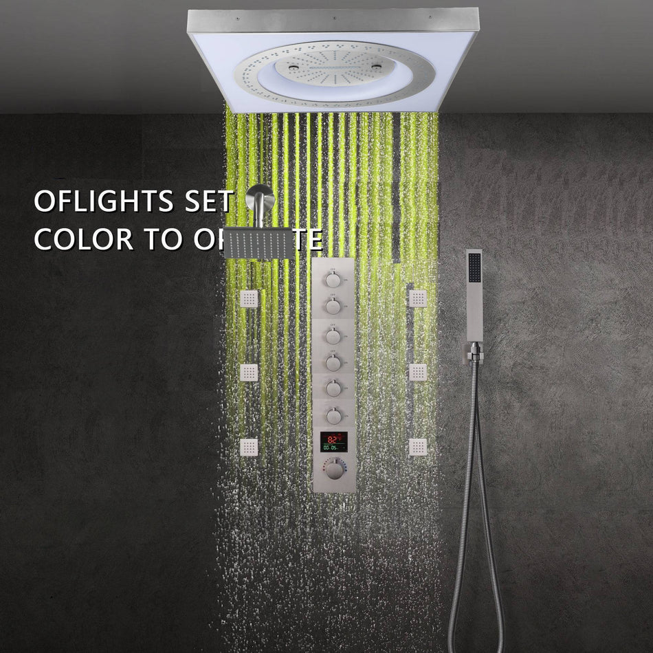 24" Flush LED Mount Rainfall Waterfall 6-Way Digital Shower System With Regular Head and 6 Body Jets