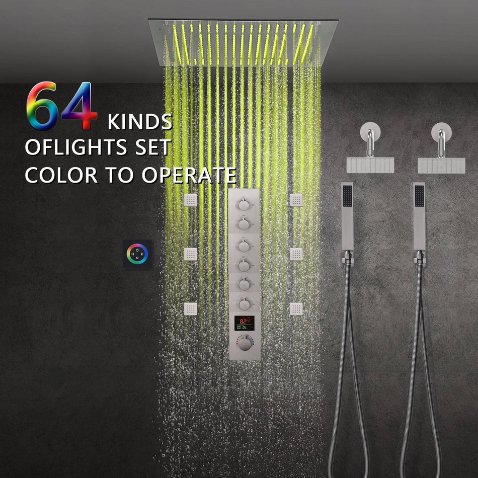 Brushed Nickel 6-Way Digital Thermostatic Shower Faucet: 20" Rainfall Head with LED Lights, Regular Head, 6 Body Jets