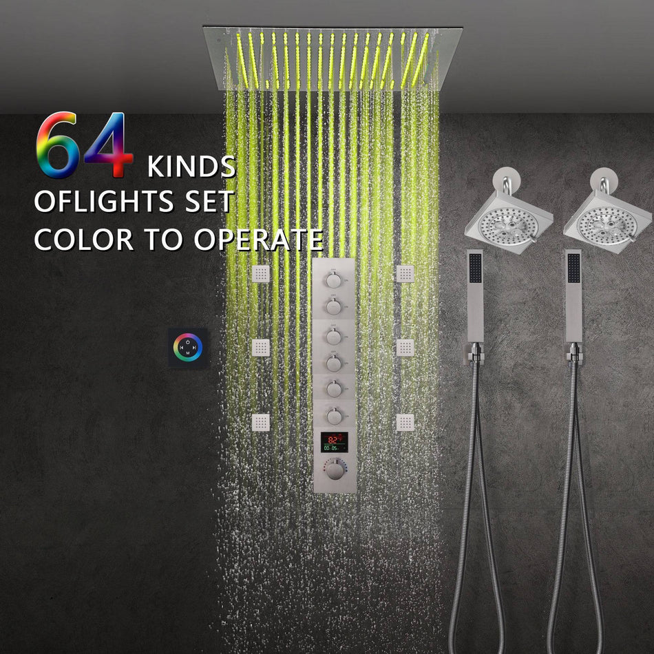 Brushed Nickel 6-Way Digital Thermostatic Shower Faucet: 20" Rainfall Head with LED Lights, Regular Head, 6 Body Jets