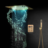 Brushed Gold 4-Way Thermostatic Shower System with 20-Inch LED Rainfall, Waterfall, and Mist Functions, Bluetooth Music and Touch Panel Control, Flush-Mounted Design