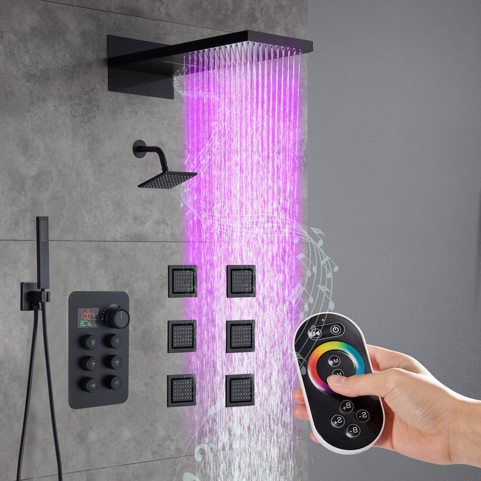 22" Rainfall Waterfall 64 Led Light and Bluetooth Music Shower System with 6-Way Thermostatic Faucet, Single Regular Head,6 Body Jets