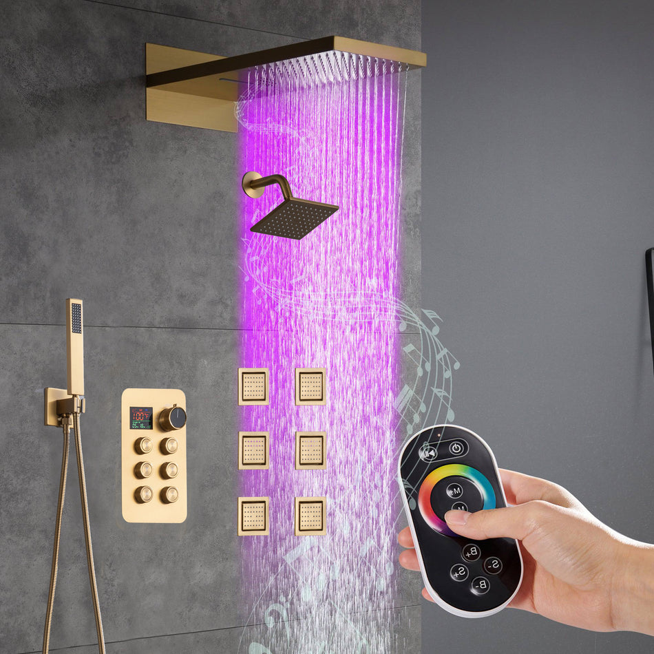 22" Rainfall Waterfall 64 Led Light and Bluetooth Music Shower System with 6-Way Thermostatic Faucet, Single Regular Head,6 Body Jets
