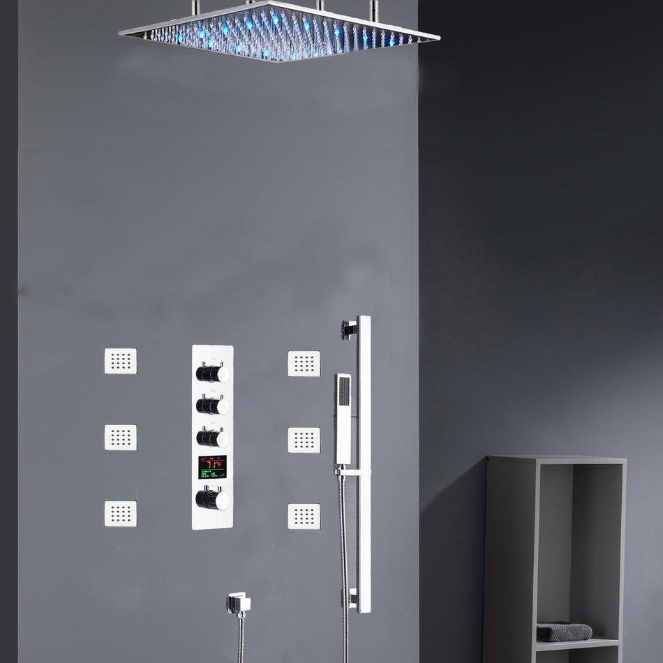 Chrome 20inch Or 24 inch rain head 3 way digital thermostatic shower faucet with 6 body jets and sliding bar
