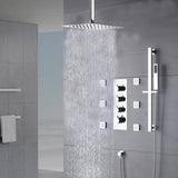 Chrome 12 inch or 16 inch LED light ceiling mount 3 way thermostatic shower faucet with 6 body jets and sliding bar