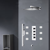 Chrome 12inch LED light or 6 inch regular head Wall mount 3 way thermostatic shower faucet with 6 body jets and sliding bar