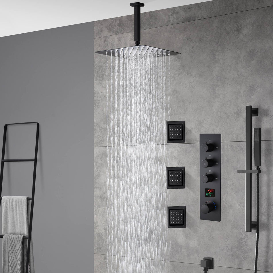 12inch LED matt black 3 way digital thermostatic shower faucet with sliding bar and 4inch body jets