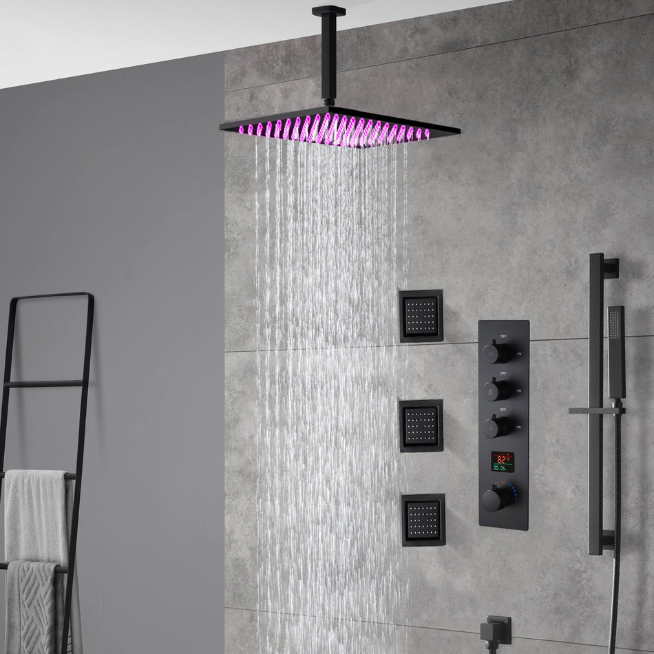 12inch LED matt black 3 way digital thermostatic shower faucet with sliding bar and 4inch body jets
