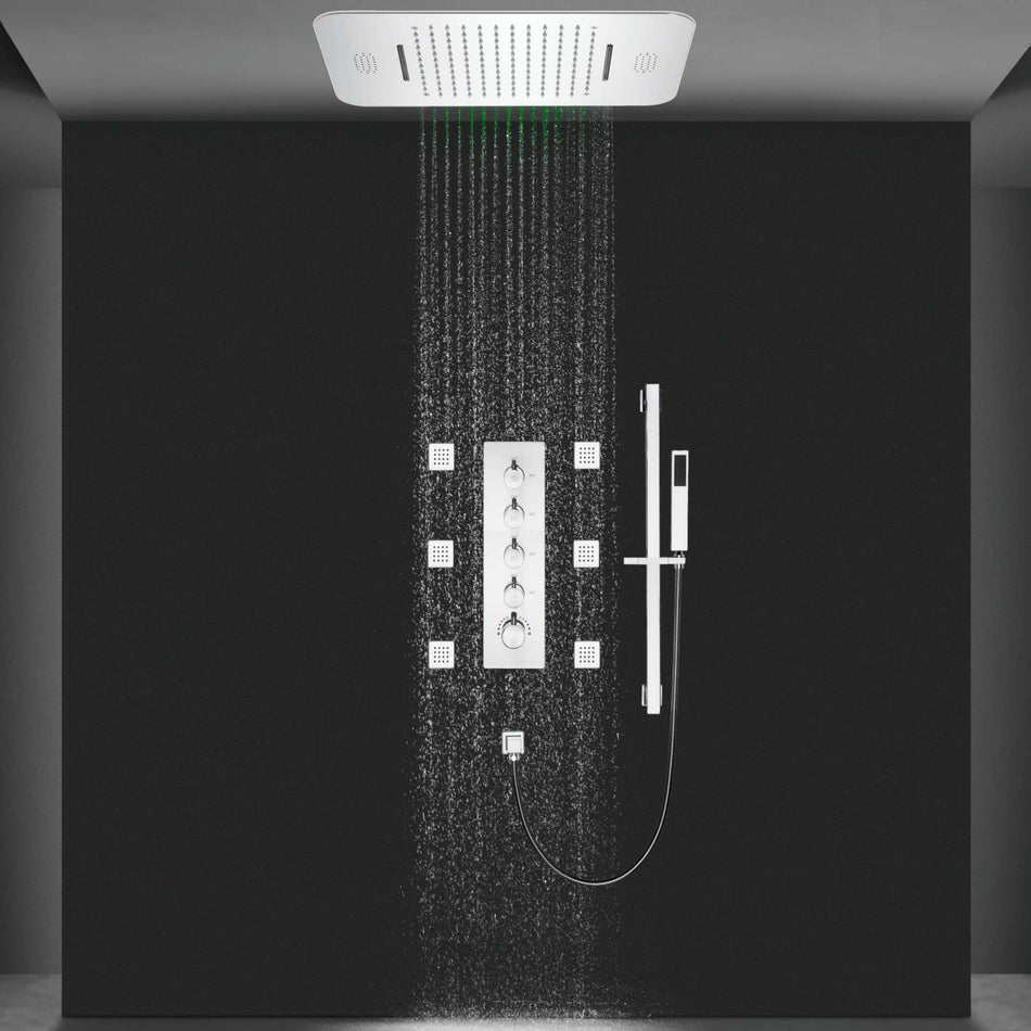 64 LED colors chrome music led flushed in 23x15inch shower head 4 way thermostatic valve with sliding bar that each function run at the same time and separately