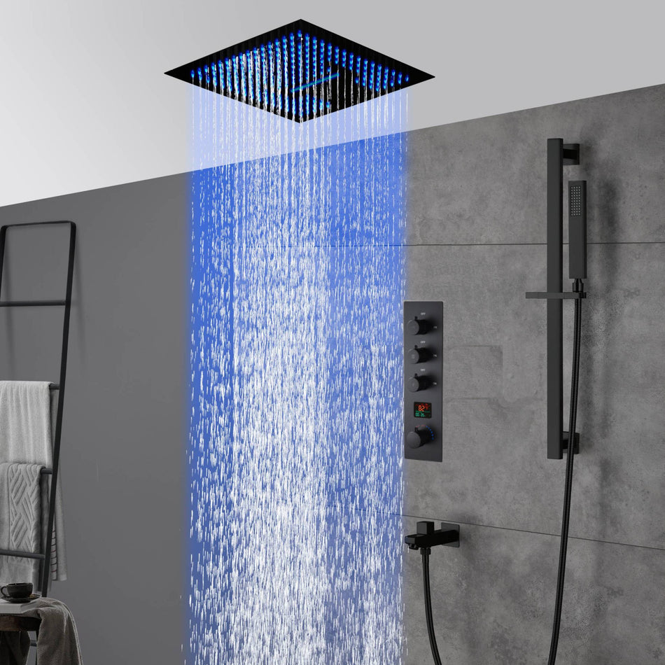 Matte Black Bluetooth Music rainfall waterfall 16inch 64 colors LED Flushed in 3 Way Digital Thermostatic Shower system