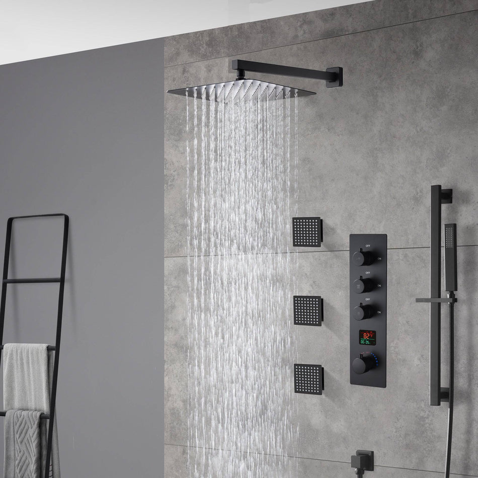 matte black Wall mount 12 inch or 16 inch rain head 3 way digital display thermostatic shower faucet with large body sprayers