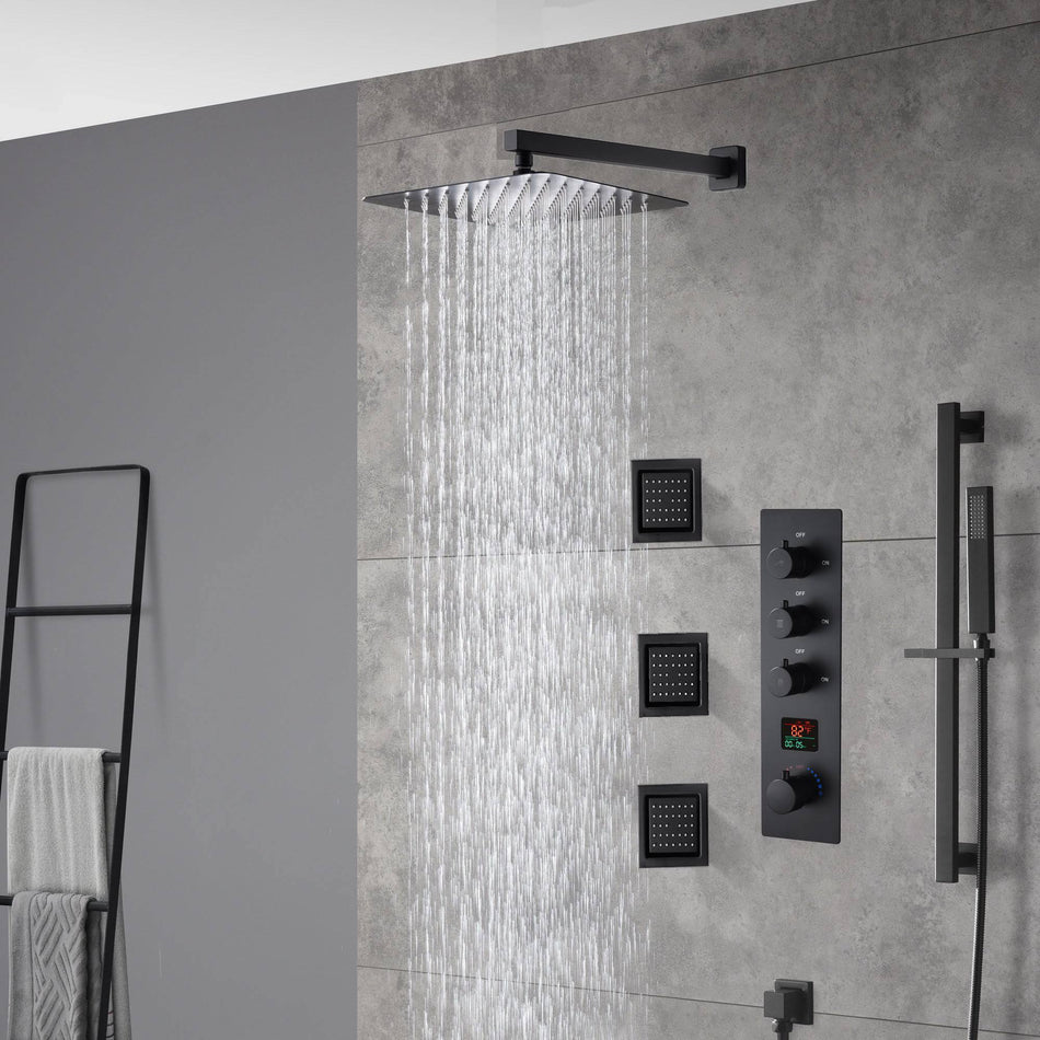 Wall mounted matte black 3 way digital thermostatic shower faucet with sliding bar and 4inch flush mounted body jets
