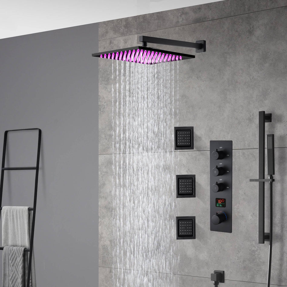 Wall mounted matte black 3 way digital thermostatic shower faucet with sliding bar and 4inch flush mounted body jets