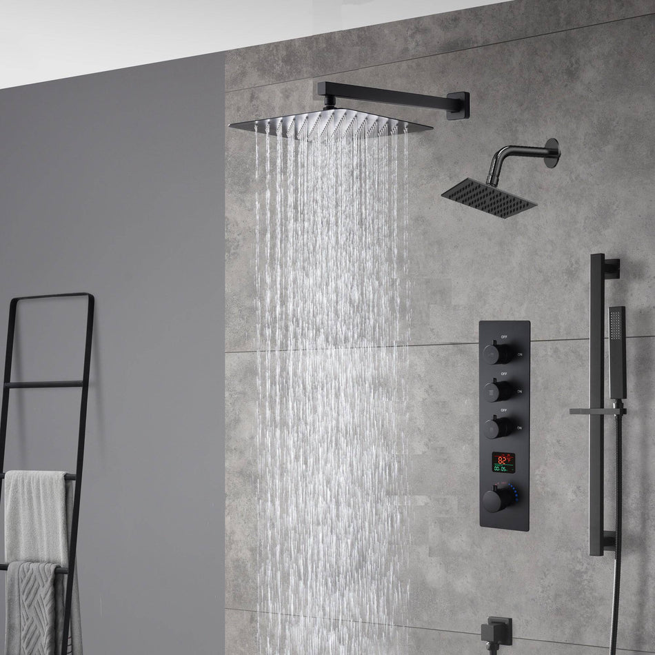 matte black Wall mount 12 inch or 16 inch rain head 3 way digital display thermostatic shower faucet with Regular head