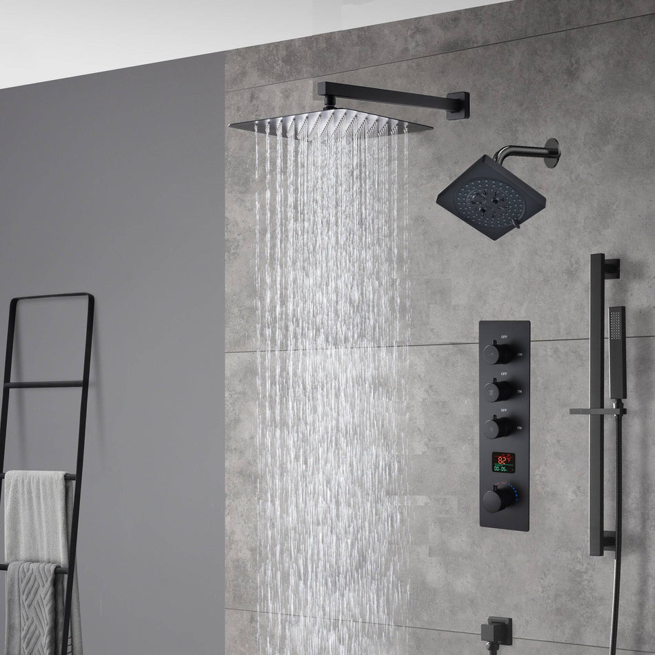 matte black Wall mount 12 inch or 16 inch rain head 3 way digital display thermostatic shower faucet with Regular head