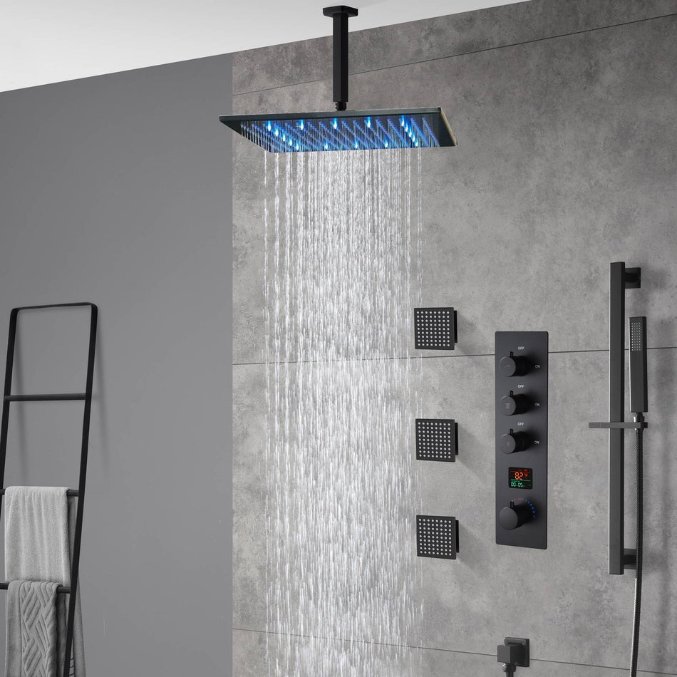 matte black ceiling mount 12 inch or 16 inch rain head 3 way digital display thermostatic shower faucet with large body sprayers