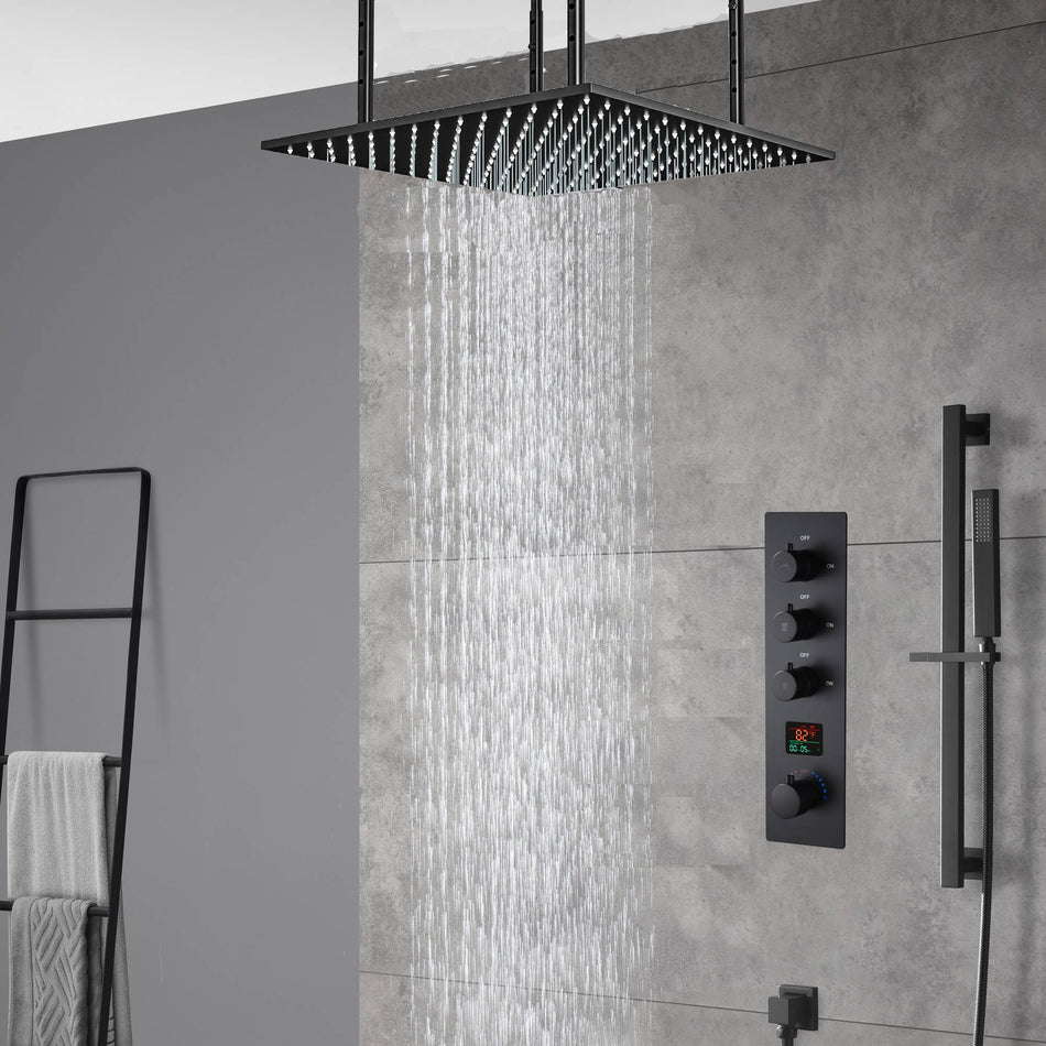 20inch matte black ceiling mount rainfall waterfall shower systems 3 way digital thermostatic valve