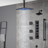 Matte Black Ceiling-Mounted 4-Way Digital Thermostatic Shower System with Regular and Rainfall Heads 12'' or 16'', Optional LED Light Feature