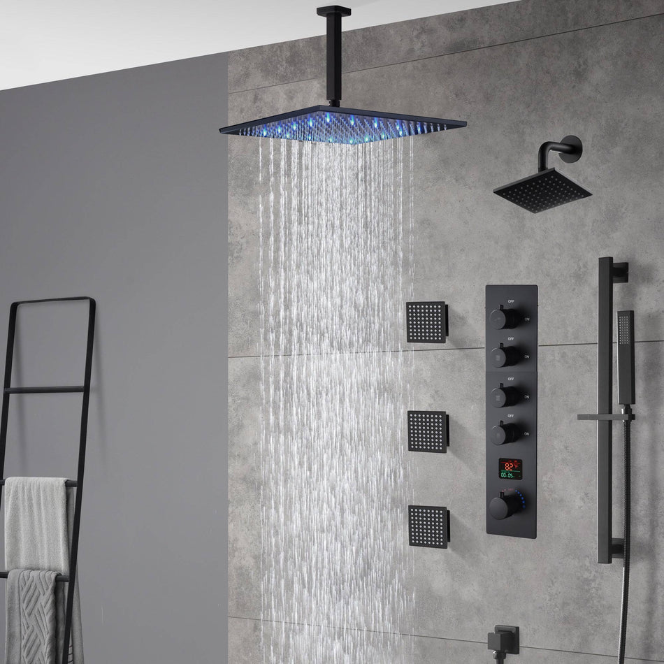 Matte Black Ceiling-Mounted 4-Way Digital Thermostatic Shower System with Regular and Rainfall Heads 12'' or 16'', Optional LED Light Feature