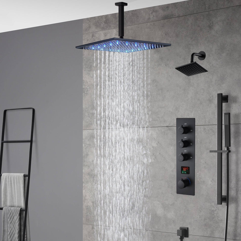 matte black ceiling mount 12 inch or 16 inch rain head 3 way digital display thermostatic shower faucet with Regular head wall mount