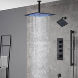 matte black ceiling mount 12 inch or 16 inch rain head 3 way digital display thermostatic shower faucet with Regular head wall mount