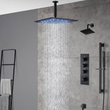 matte black ceiling mount 12 inch or 16 inch rain head 3 way digital display thermostatic shower faucet with Regular head wall mount