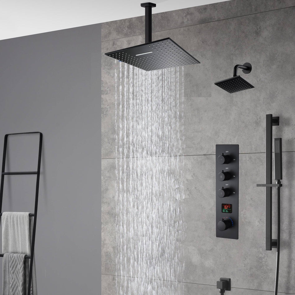 matte black ceiling mount 12 inch or 16 inch rain head 3 way digital display thermostatic shower faucet with Regular head wall mount