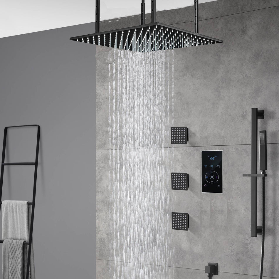 20-inch or 24-Inch Rainfall Head ceiling mounted Matte Black 3 way touch-panel Shower Faucet