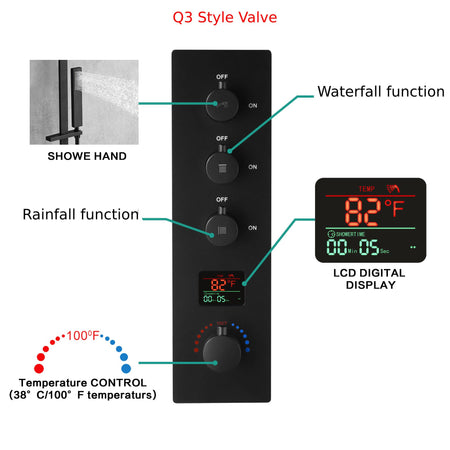 16-Inch Matte Black Flush-Mounted 3-Way Digital Thermostatic Shower Faucet with 64-LED Colors and Bluetooth Music Capabilities - wonderland shower inc