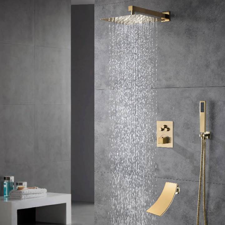 Wall Mount Brushed Gold Thermostatic Shower System - 3-Way Valve, Tub Spout, and 12''/16'' Rain Head with Independent & Combined Functionality