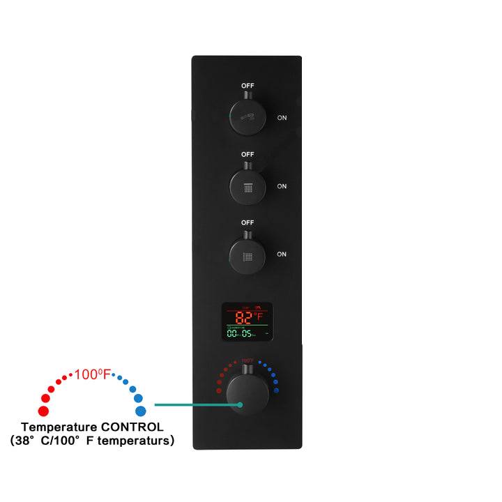 20inch LED Rainfall matte black 3 way digital thermostatic shower faucet with sliding bar and 2inch body jets